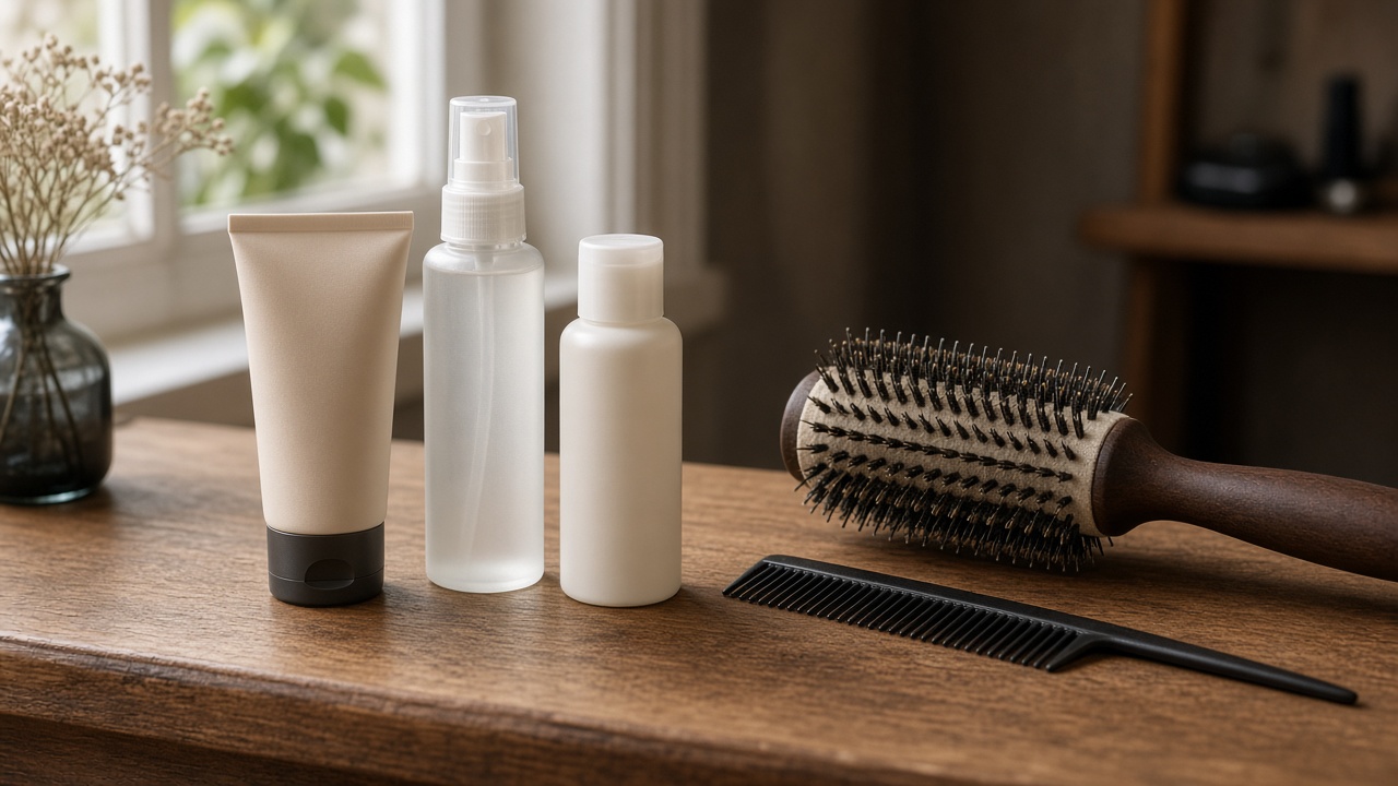 Productos voluminizadores, cepillo redondo y spray en mostrador de peluquería para cabello fino en otoño