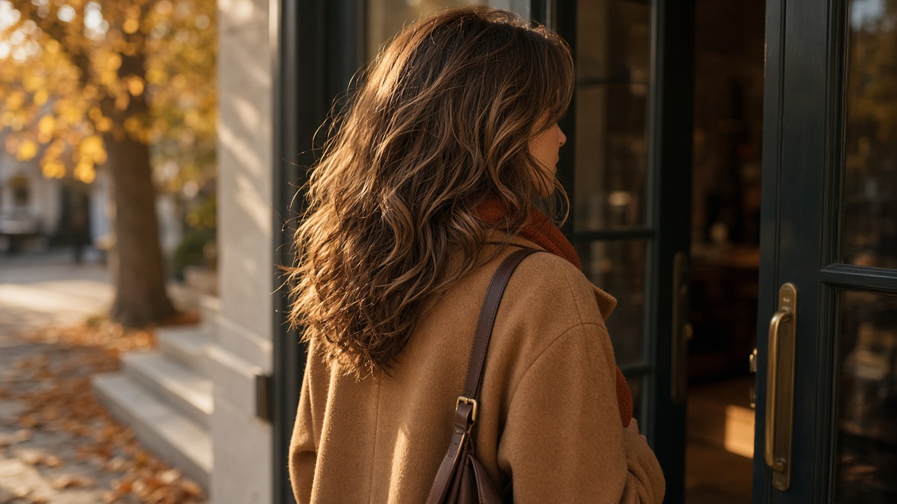 Mujer con cabello fino peinado con volumen suave en raíz y movimiento natural saliendo de peluquería en otoño