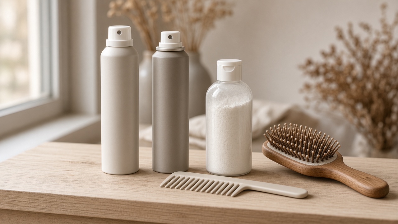Champú seco en aerosol y cepillo sobre un mostrador de peluquería en otoño