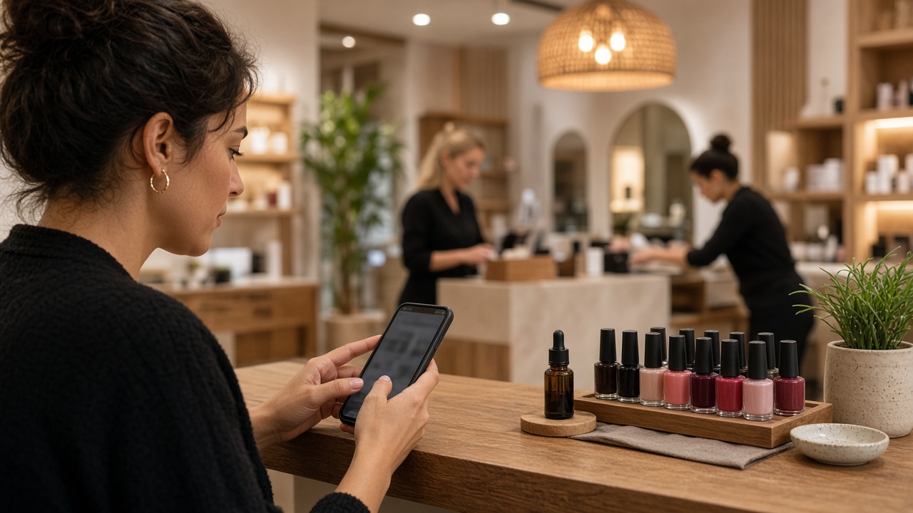 Cliente en recepción de salón de belleza consultando cita de manicura en el móvil