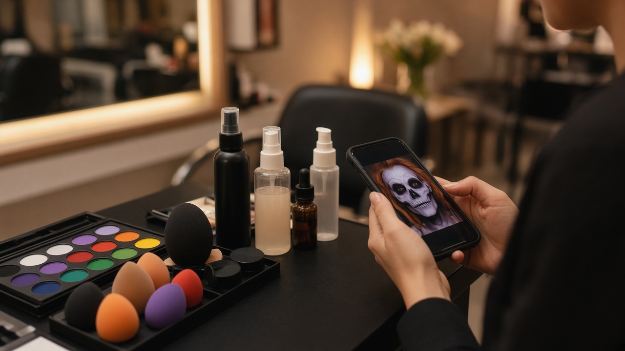 Kit profesional de maquillaje de Halloween en salón con pinturas, esponjas y fijador