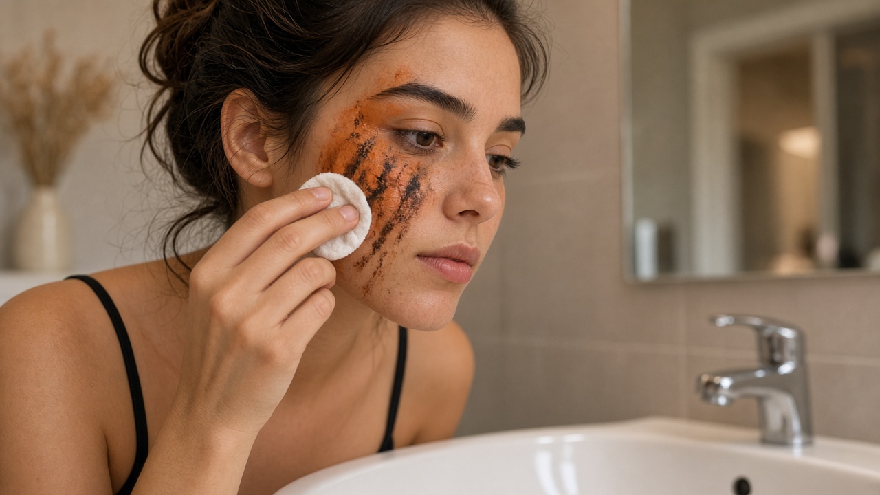 Retirada suave del maquillaje de Halloween con agua micelar en el lavabo