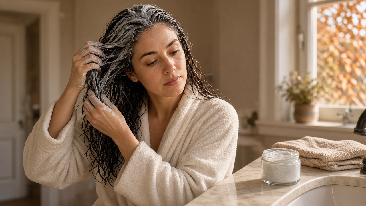 Mujer aplicándose mascarilla capilar en casa en otoño