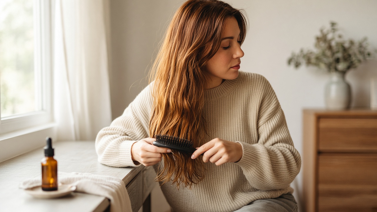 Mujer con melena larga cepillando las puntas en casa en otoño, con luz natural