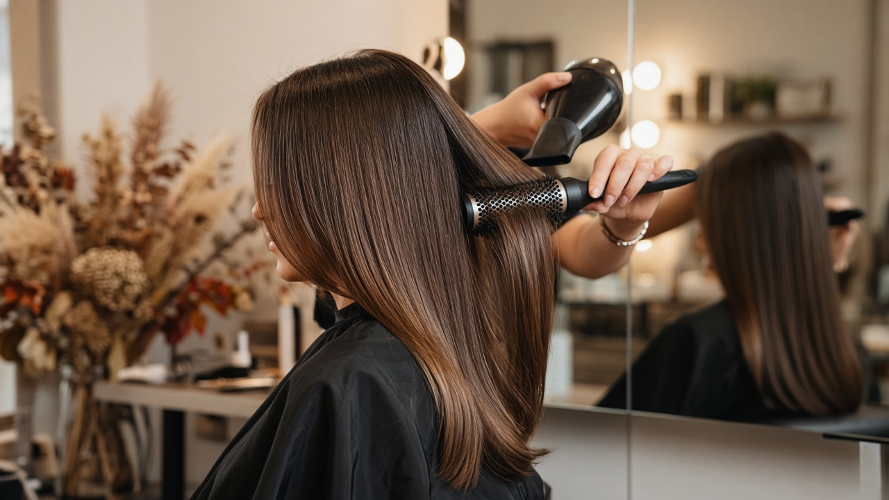 Peluquera realizando un brushing liso en salón con acabado profesional para peinado de oficina