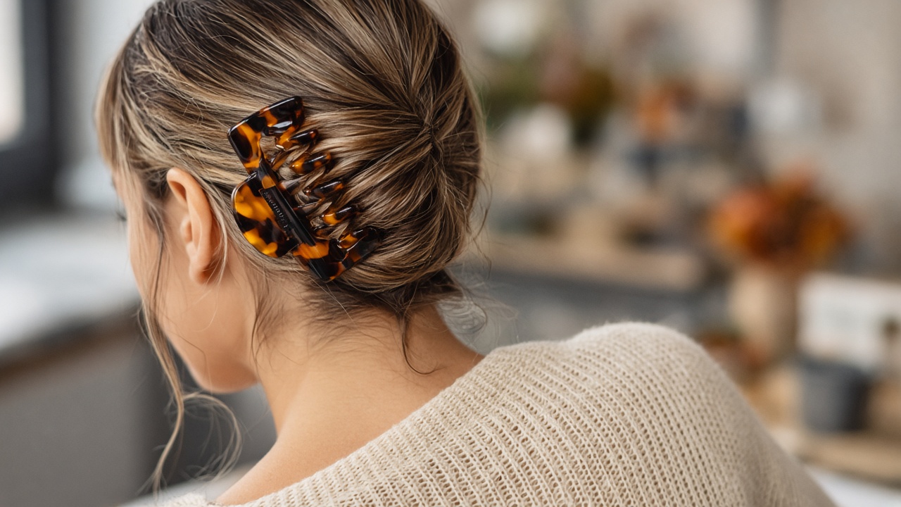 Peinado de oficina con pinza carey sujetando un recogido bajo elegante en otoño