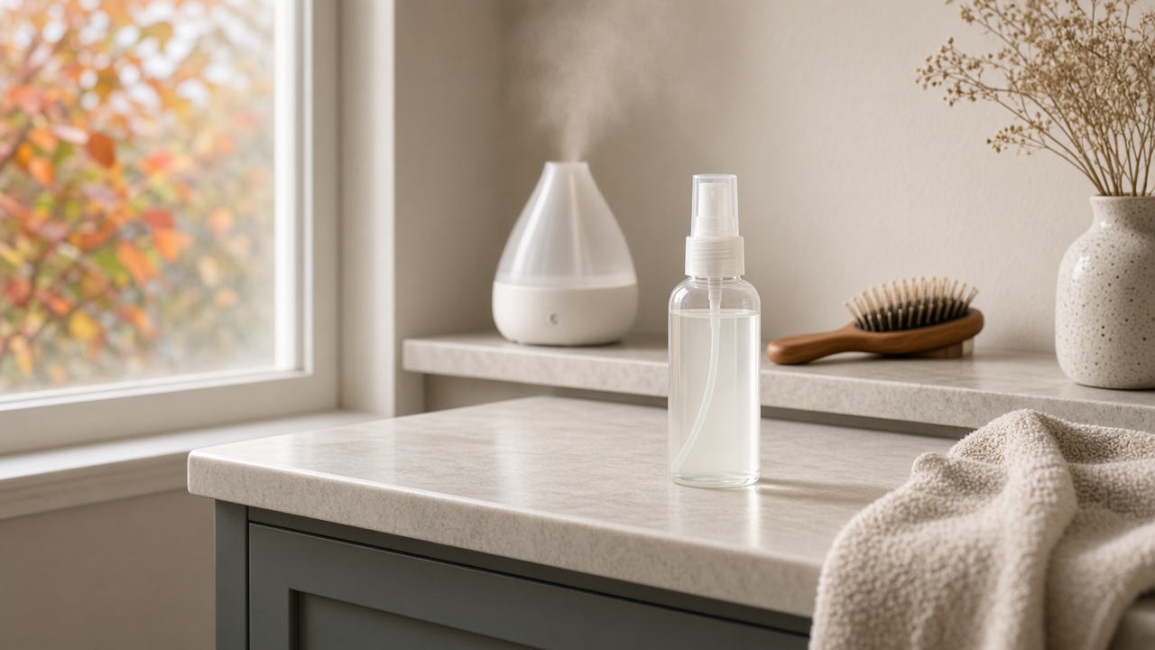 Rutina de hidratación en el baño con humidificador y productos capilares en otoño