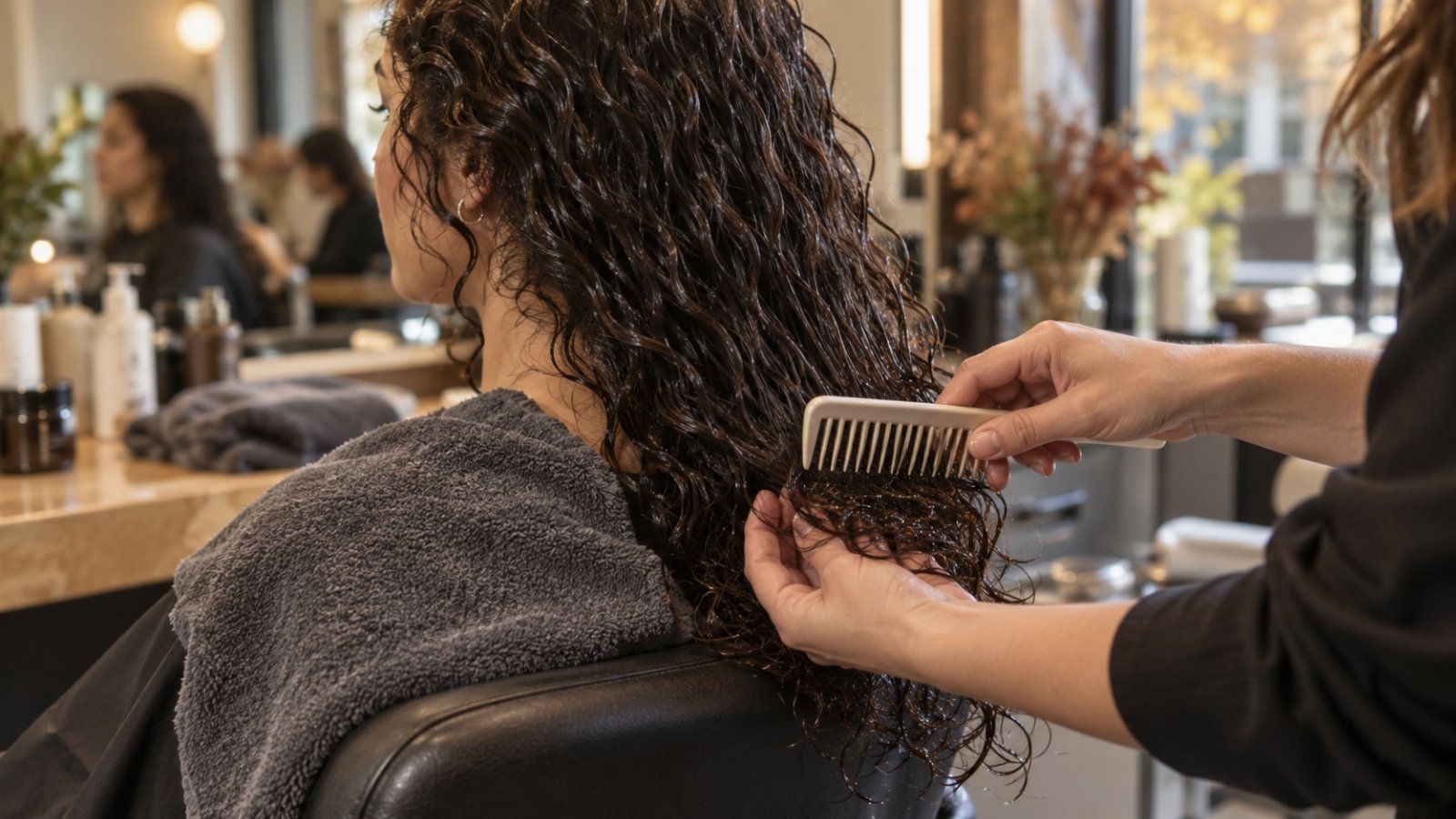 Profesional desenredando las puntas de un cabello rizado húmedo con un peine de púas anchas