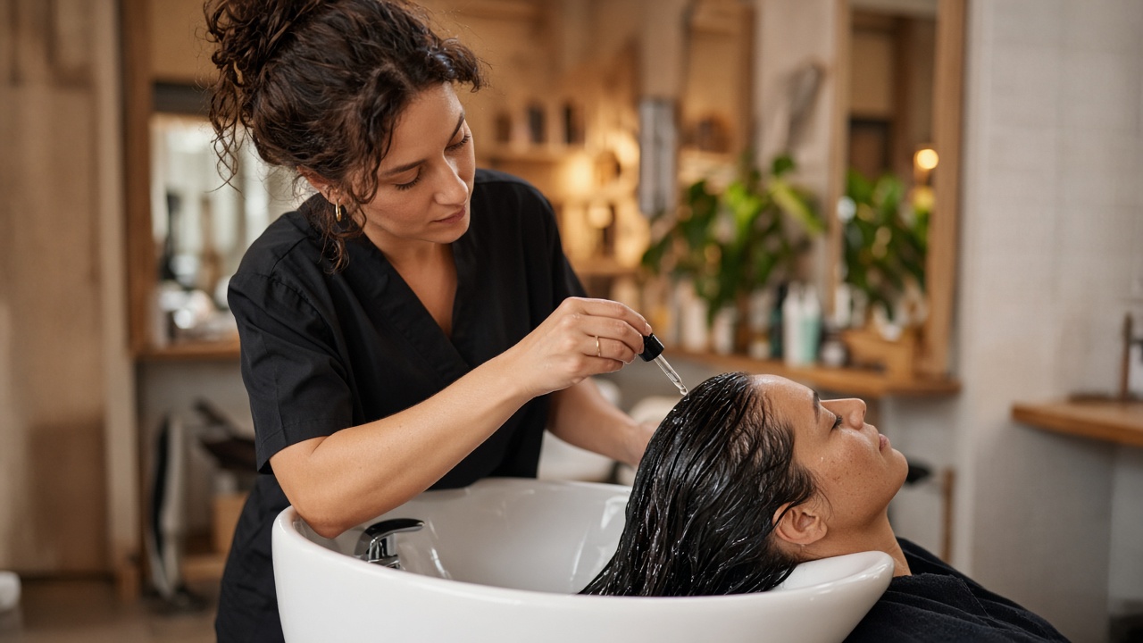 Peluquera aplicando sérum ligero en el lavacabezas del salón para reducir frizz otoñal
