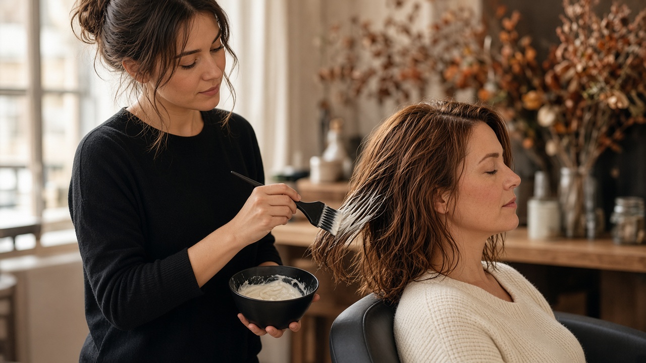 Aplicación de mascarilla reparadora en salón de peluquería para recuperar el cabello tras productos de fiesta