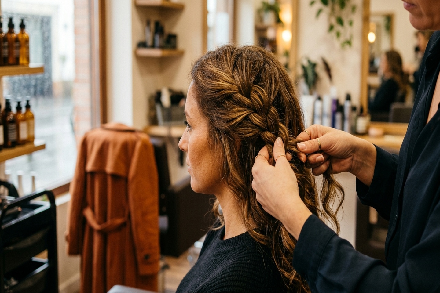 Profesional haciendo una trenza baja y suelta en una peluquería para un día de lluvia