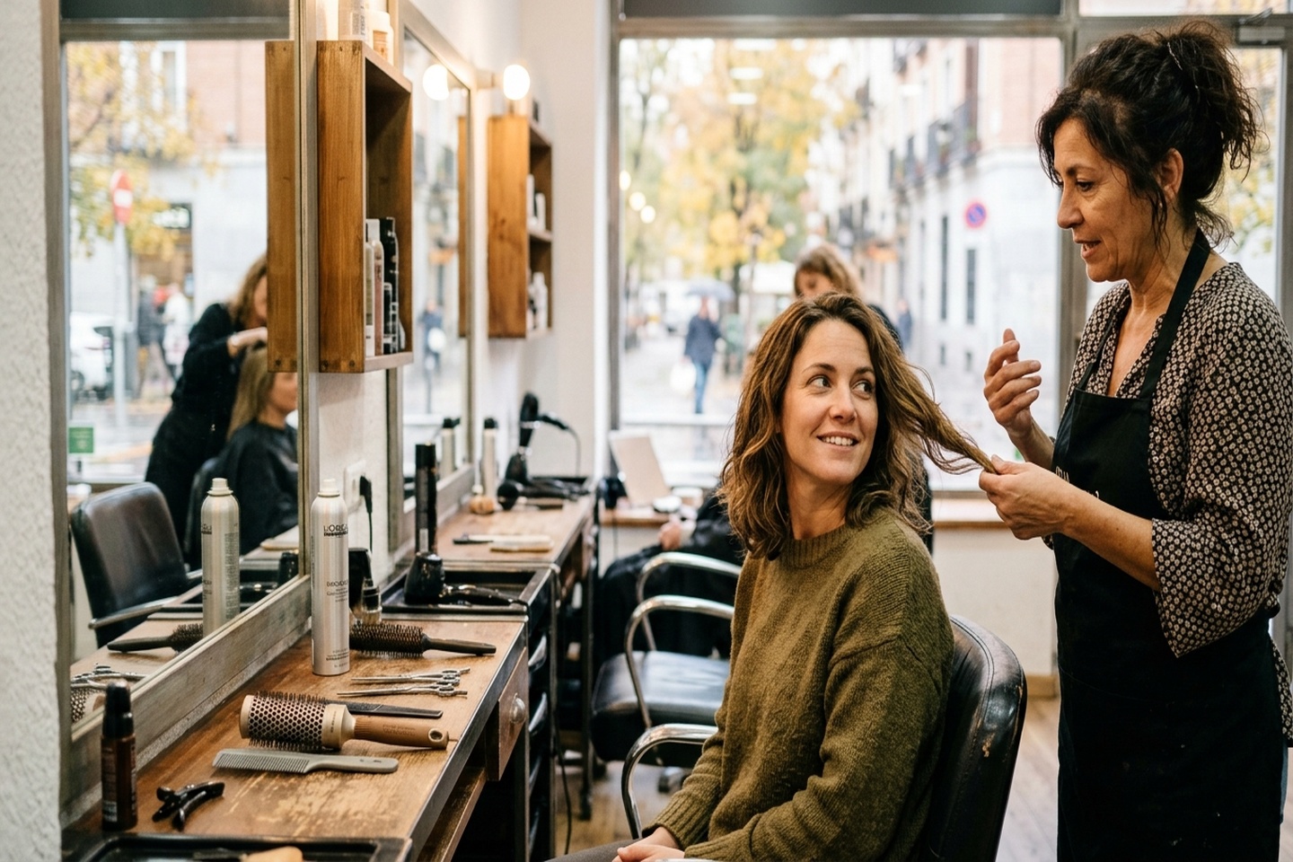 Peluquera conversa con una clienta sobre un peinado fácil de mantener en otoño