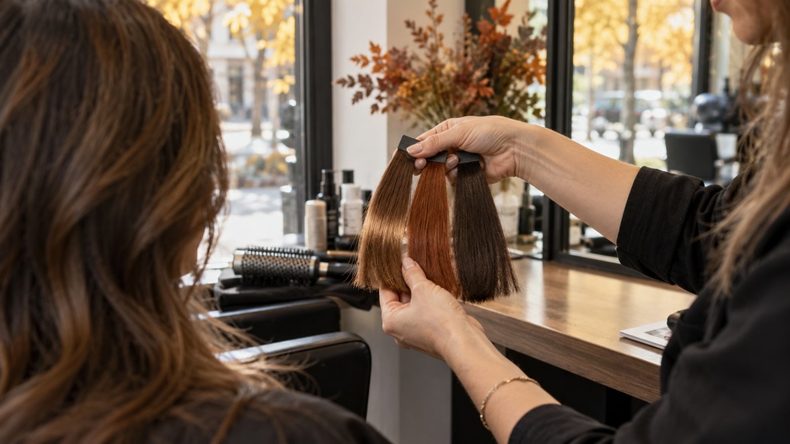 Colorista compara mechones castaños y cobrizos con una clienta en un salón de peluquería en otoño