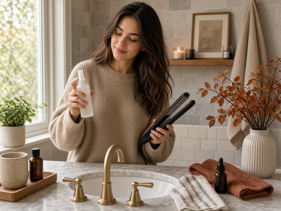 Mujer en casa con spray protector térmico y plancha sobre encimera de baño