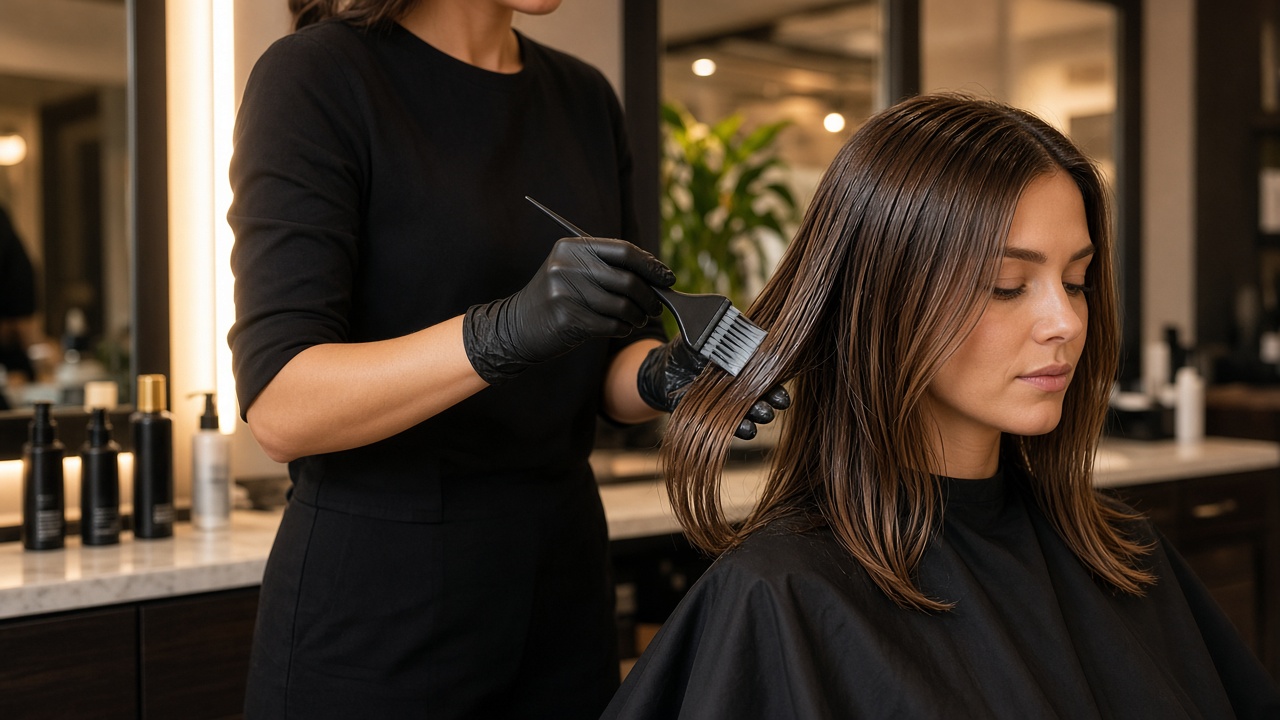 Estilista aplicando tratamiento de brillo en salón de peluquería antes de un evento de otoño